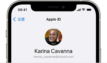 在 iOS 设置中，您的 Apple ID 电子邮件地址位于您的姓名下方。