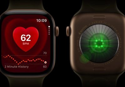 Apple Watch 心率监测界面与心率传感器官方宣传图