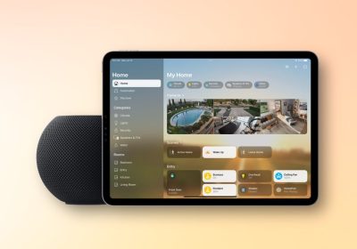 HomePad 正面视图，屏幕显示家庭 App 界面