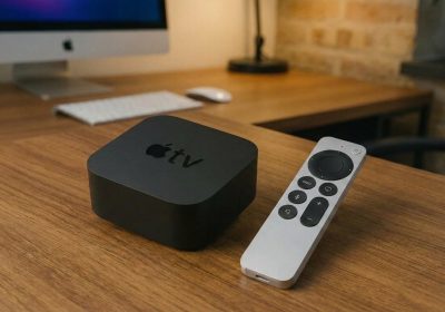桌面上的 Apple TV 4K 与银色 Siri Remote 实拍