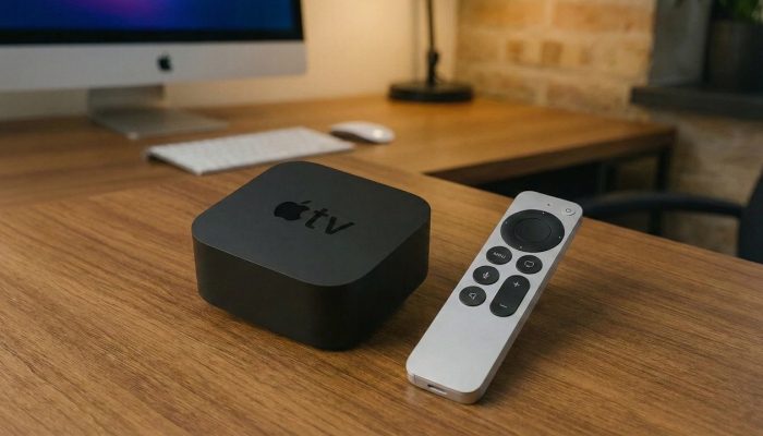 桌面上的 Apple TV 4K 与银色 Siri Remote 实拍