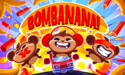 《BOMBANANA!》主视觉：三只猴子站在爆炸背景前