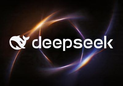 DeepSeek 官方鲸鱼标识品牌图，深色科技光效背景