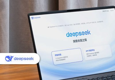 笔记本电脑屏幕显示 DeepSeek 官网首页，蓝鲸 logo 与品牌字标清晰