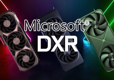 微软 DirectX 光线追踪主题横图，三张显卡与 Microsoft DXR 标识