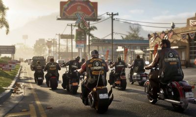 GTA6 游戏截图，摩托车队行驶在郊外公路上