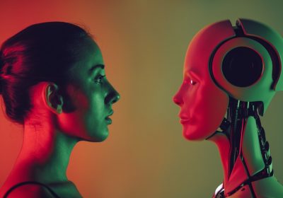 人与 AI 机器人对视的科技照片