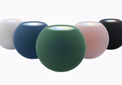 HomePod mini 2 五款配色官方排列图，粉绿蓝白午夜色