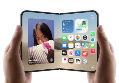 iPhone Duo 折叠屏展开后双屏同时显示内容的官方渲染图