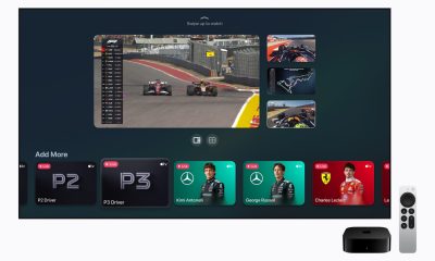 Apple TV 应用 F1 多画面界面，车手视角与赛道地图同屏