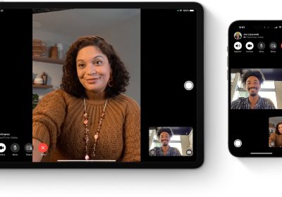 iPhone 与 iPad 上同时进行 FaceTime 群组视频通话的界面