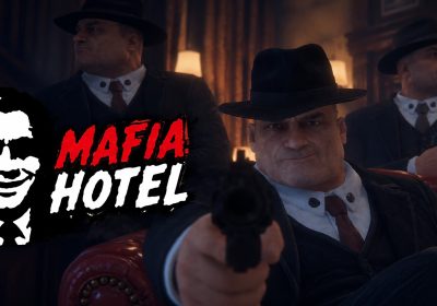 MAFIA HOTEL 游戏标题艺术图，黑衣黑手党角色持枪指向镜头