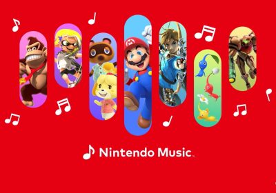 任天堂音乐 App 官方主视觉，马力欧、林克、斯普拉遁角色与音符排成声波