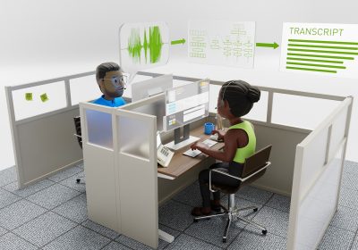 英伟达语音转录AI模型示意图：音频波形经模型生成文字转录稿
