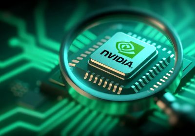 英伟达绿色芯片特写，芯片表面印有 NVIDIA 标志