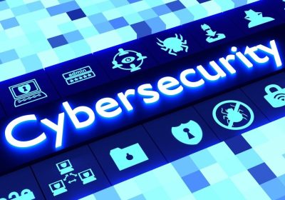 Cybersecurity 霓虹字样与网络安全图标背景