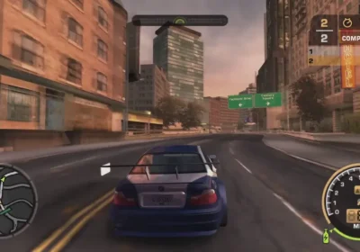 PS5SX2 在 PS5 上运行《极品飞车：最高通缉》的实机画面，右上角显示模拟器调试信息