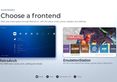 PS5 版 RetroArch 的前端选择界面，可选 RetroArch 或 EmulationStation