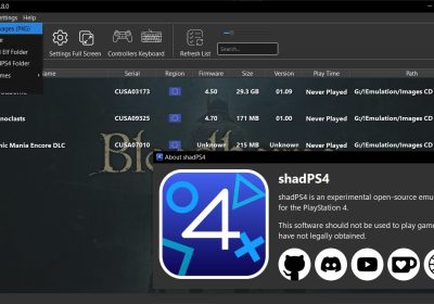 shadPS4 0.8.0 时代的内置图形界面，File 菜单含 Install Packages 安装入口