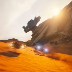 Jakku 沙漠赛道两台陆行飞车竞速，背景坠毁歼星舰残骸