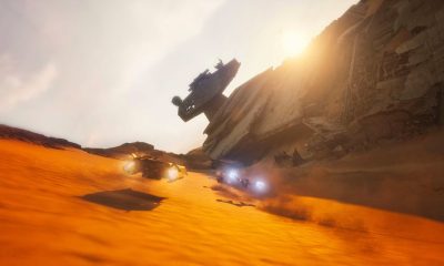 Jakku 沙漠赛道两台陆行飞车竞速，背景坠毁歼星舰残骸