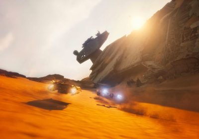 Jakku 沙漠赛道两台陆行飞车竞速，背景坠毁歼星舰残骸