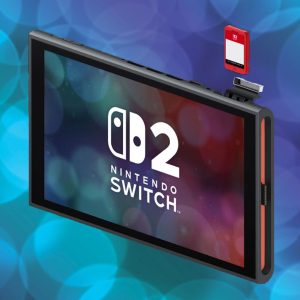 Switch 2 主机插入游戏钥匙卡特写，蓝色虚化背景