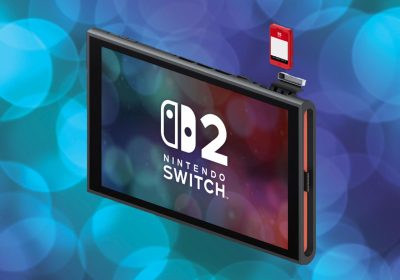 Switch 2 主机插入游戏钥匙卡特写，蓝色虚化背景