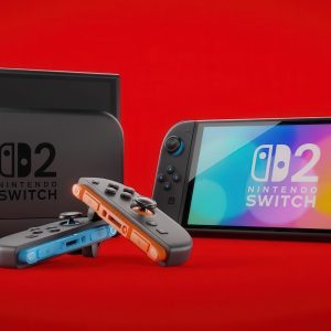 任天堂 Switch 2 主机官方渲染图，主机底座与 Joy-Con 2 手柄齐亮相