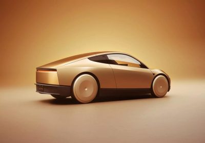 金色特斯拉 Cybercab 双座无人驾驶出租车官方渲染图