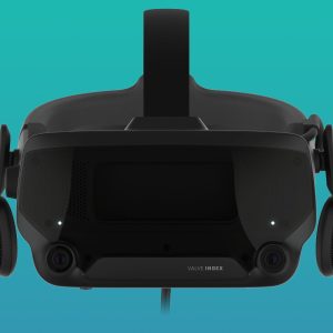 Valve Index VR 头显正面展示图，青绿色背景