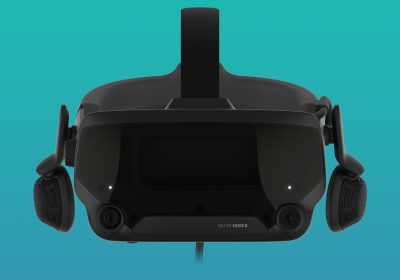 Valve Index VR 头显正面展示图，青绿色背景