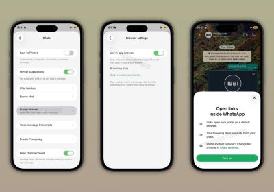 WhatsApp iOS 应用内浏览器功能截图：设置开关、浏览数据管理与开启说明弹窗