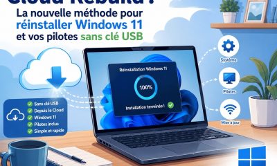 云重建功能宣传插图，展示笔记本电脑正在从云端重装 Windows 11