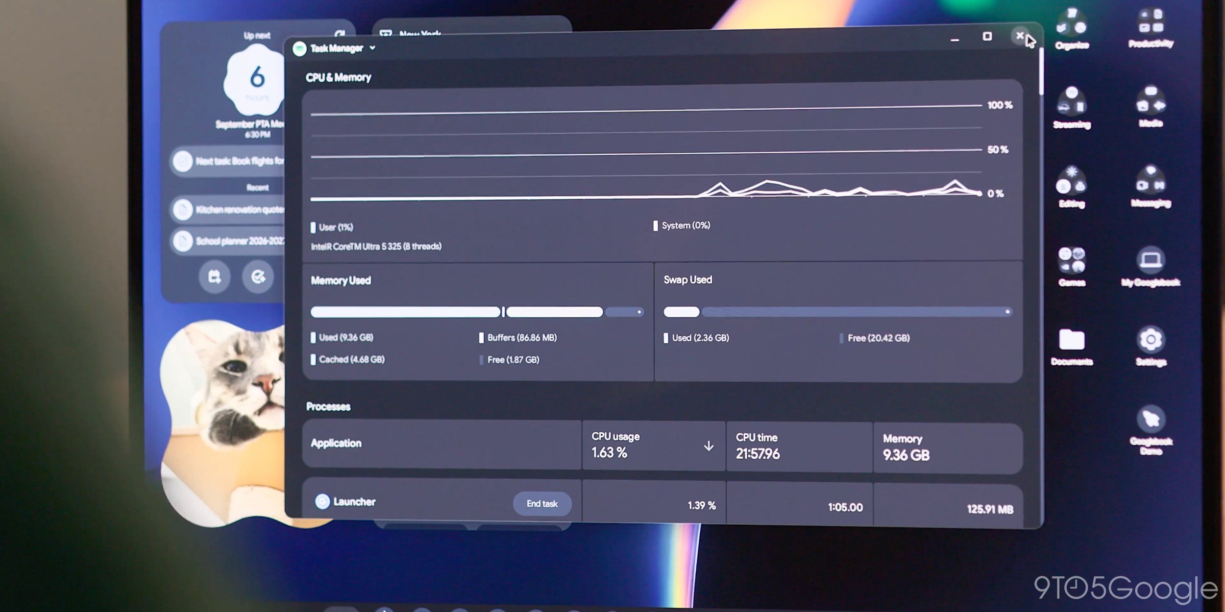 Googlebook 实拍,屏幕上打开系统任务管理器界面