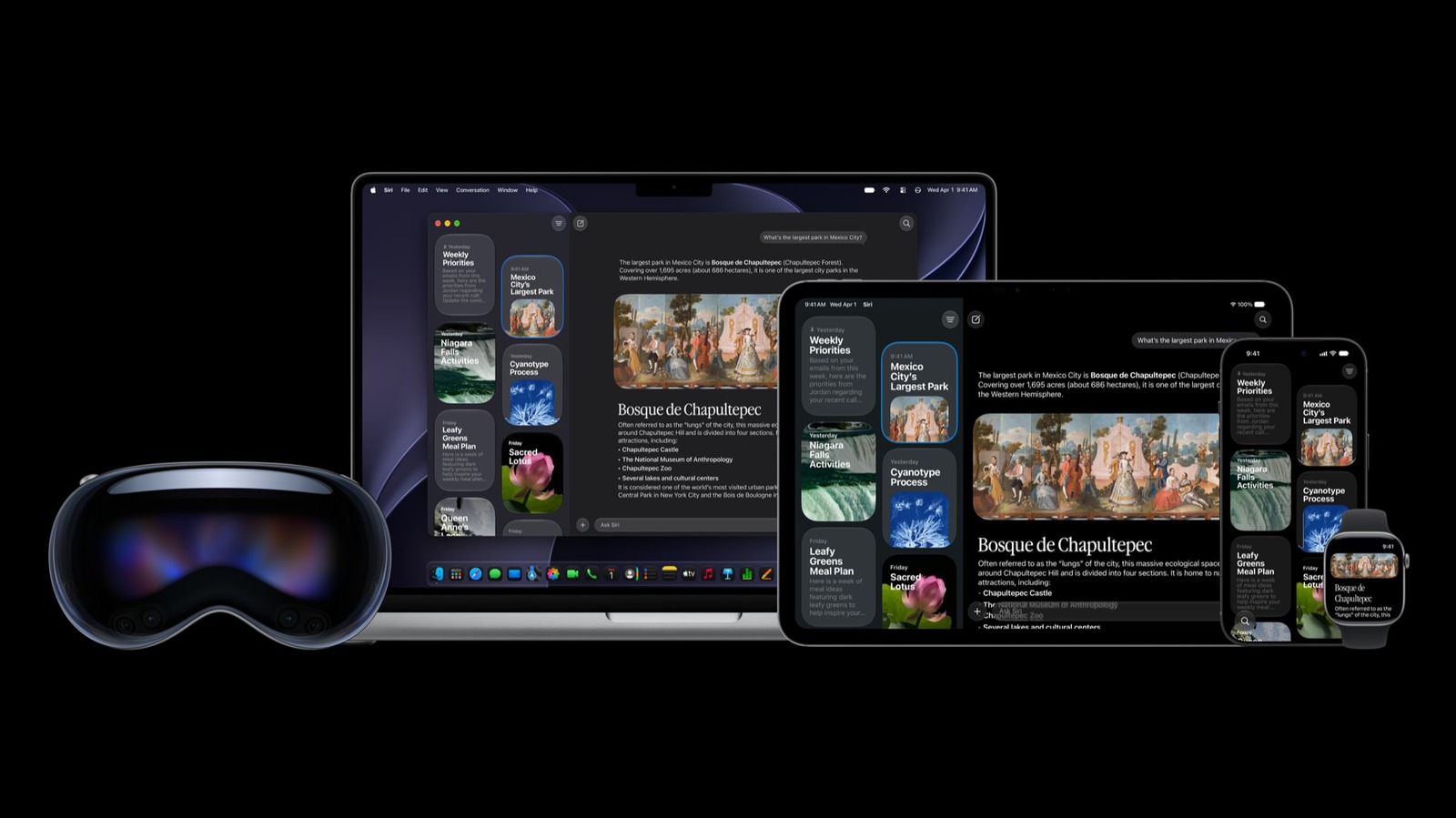 Apple 官方系统物料,展示 Vision Pro、iPhone 与 iPad 三台设备运行新系统的界面