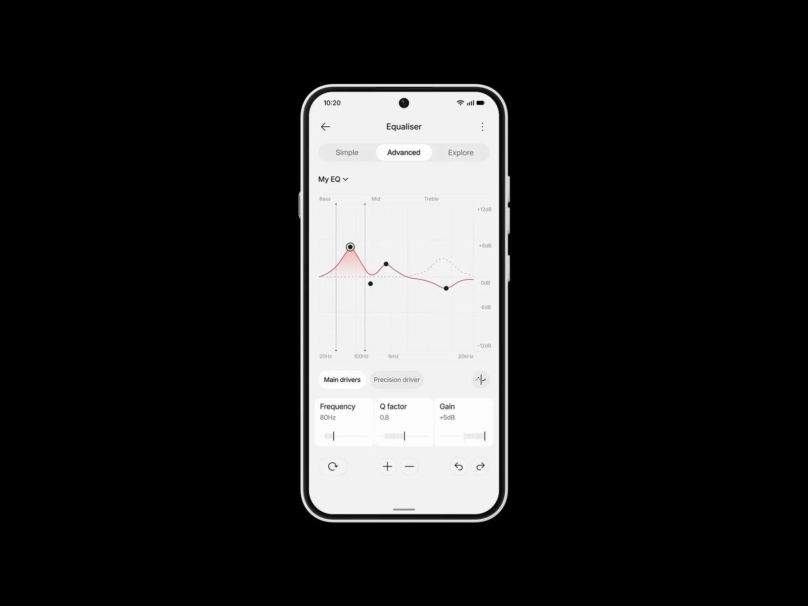 Nothing X 应用界面截图,显示 EQ 与驱动分开调节的选项