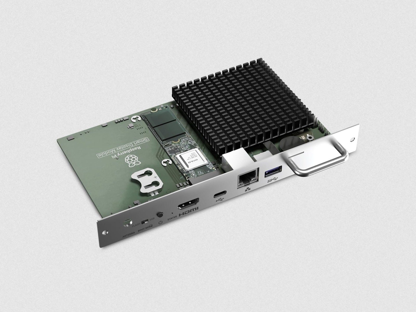 树莓派 Smart Display Module 适配板侧视图,可见散热片与 M.2 插槽