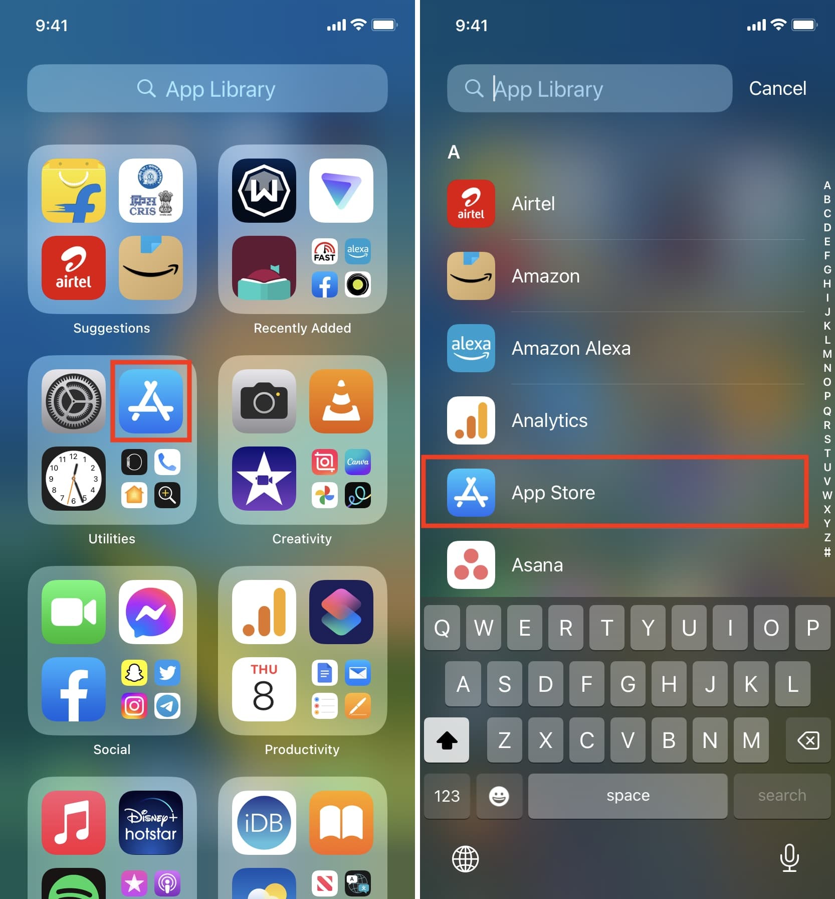 iPhone App 资源库中 App Store 应用图标被红框标出