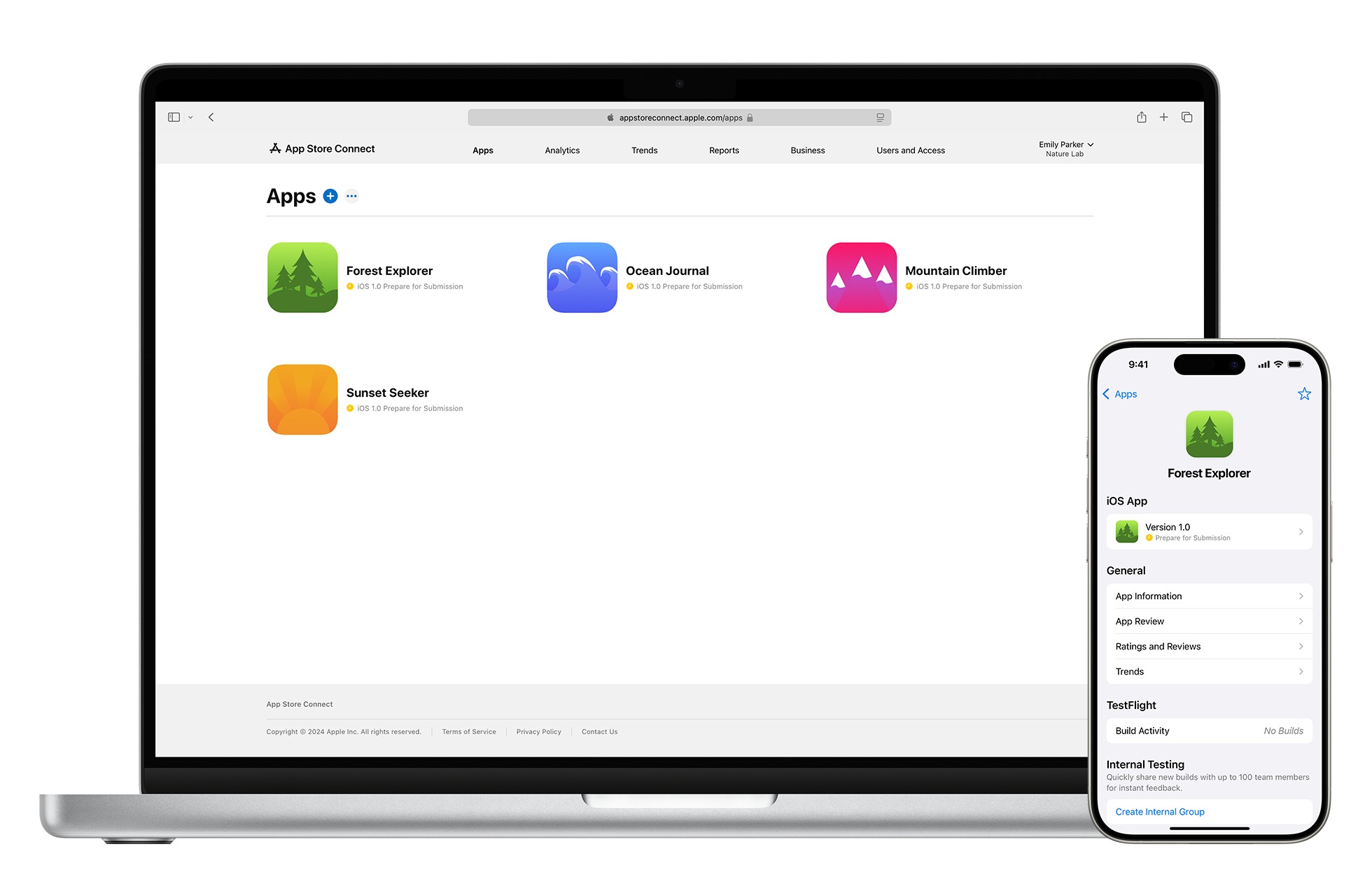 苹果 App Store Connect 官方管理后台在 Mac 与 iPhone 上展示