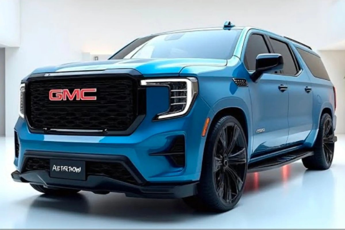 蓝色 GMC Yukon 大型 SUV 车头特写