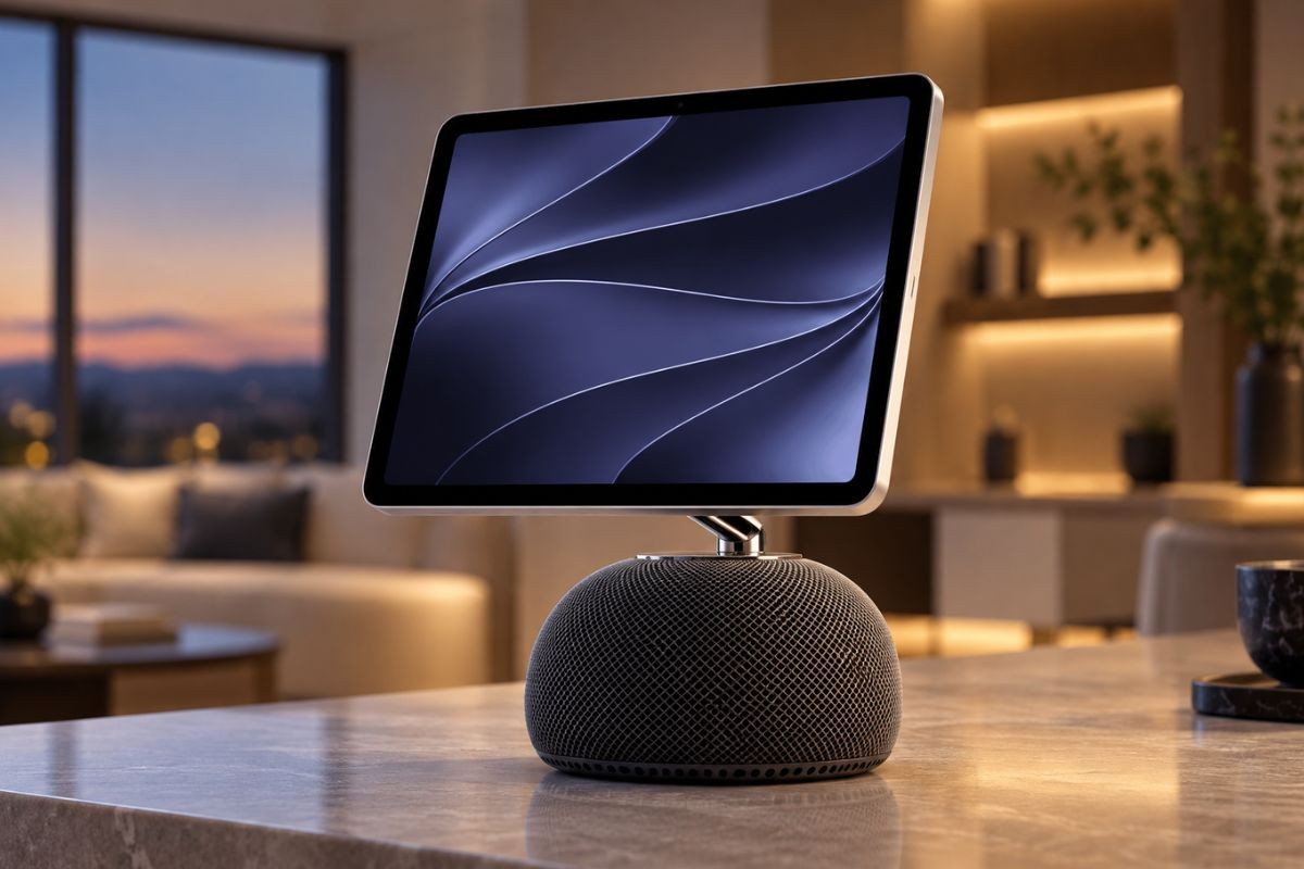 HomePad 智能家居中枢桌面版渲染图 圆形底座配金属支臂