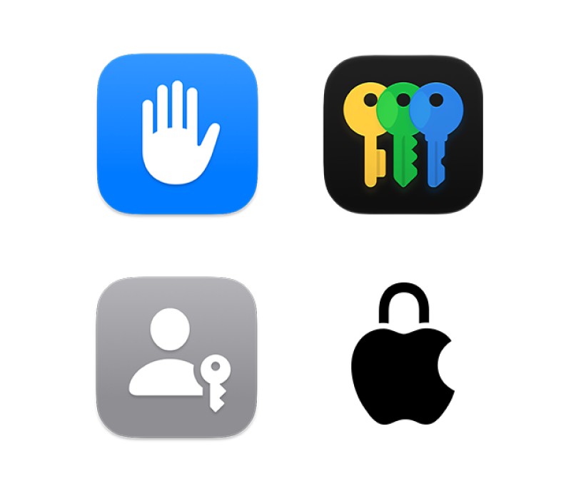 macOS 隐私与安全相关的四个系统图标:辅助功能、密码、通讯录与 App 锁定