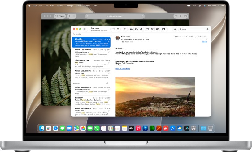 MacBook 上的邮件与系统窗口界面