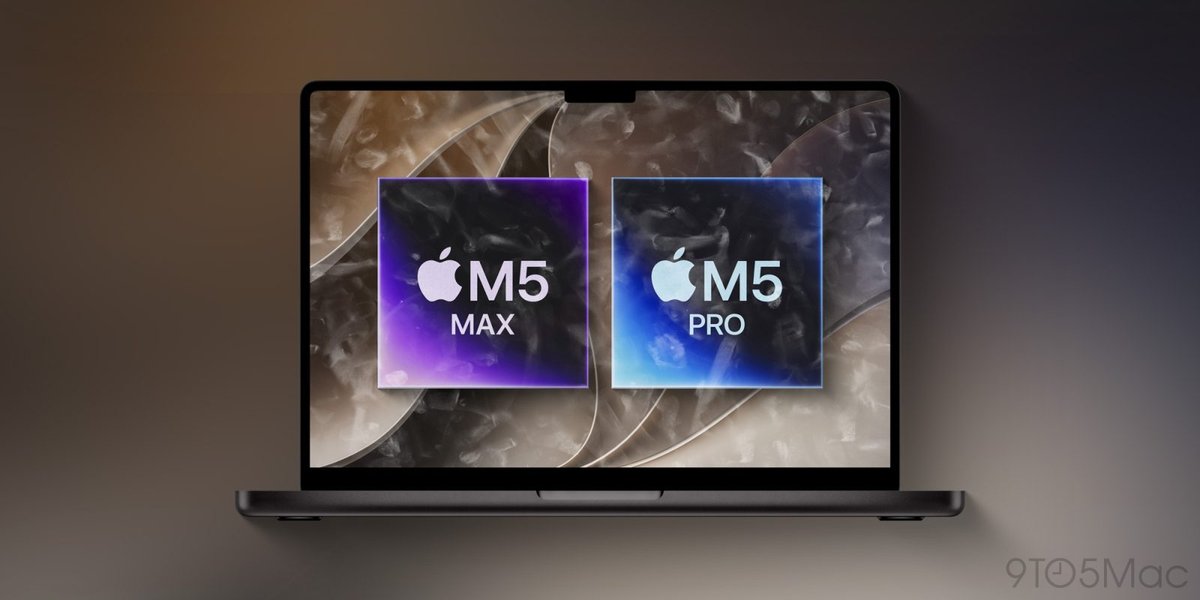 MacBook Pro 屏幕上显示 M5 Max 与 M5 Pro 芯片图形