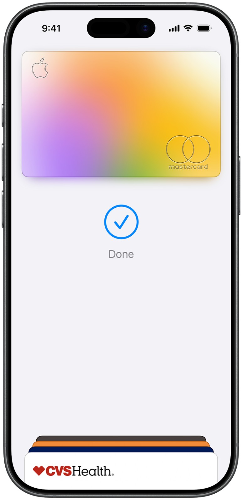 iPhone 钱包里成功添加银行卡并显示完成确认的 Apple Pay 界面