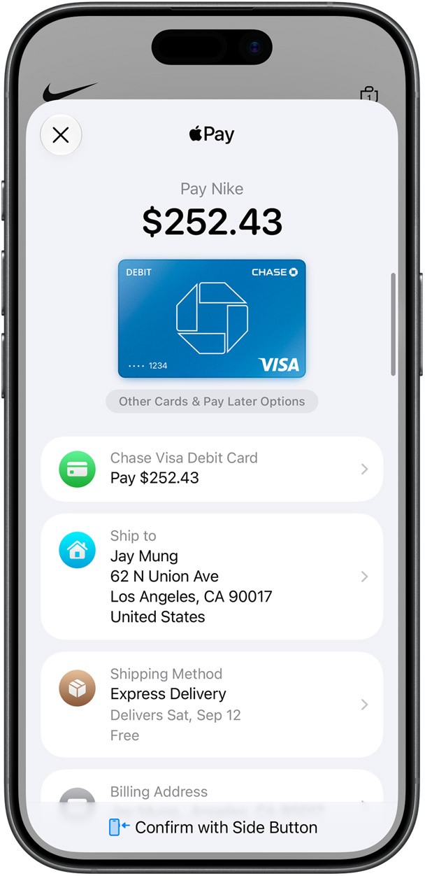 iPhone 上 Apple Pay 支付确认界面,显示银行卡与支付金额