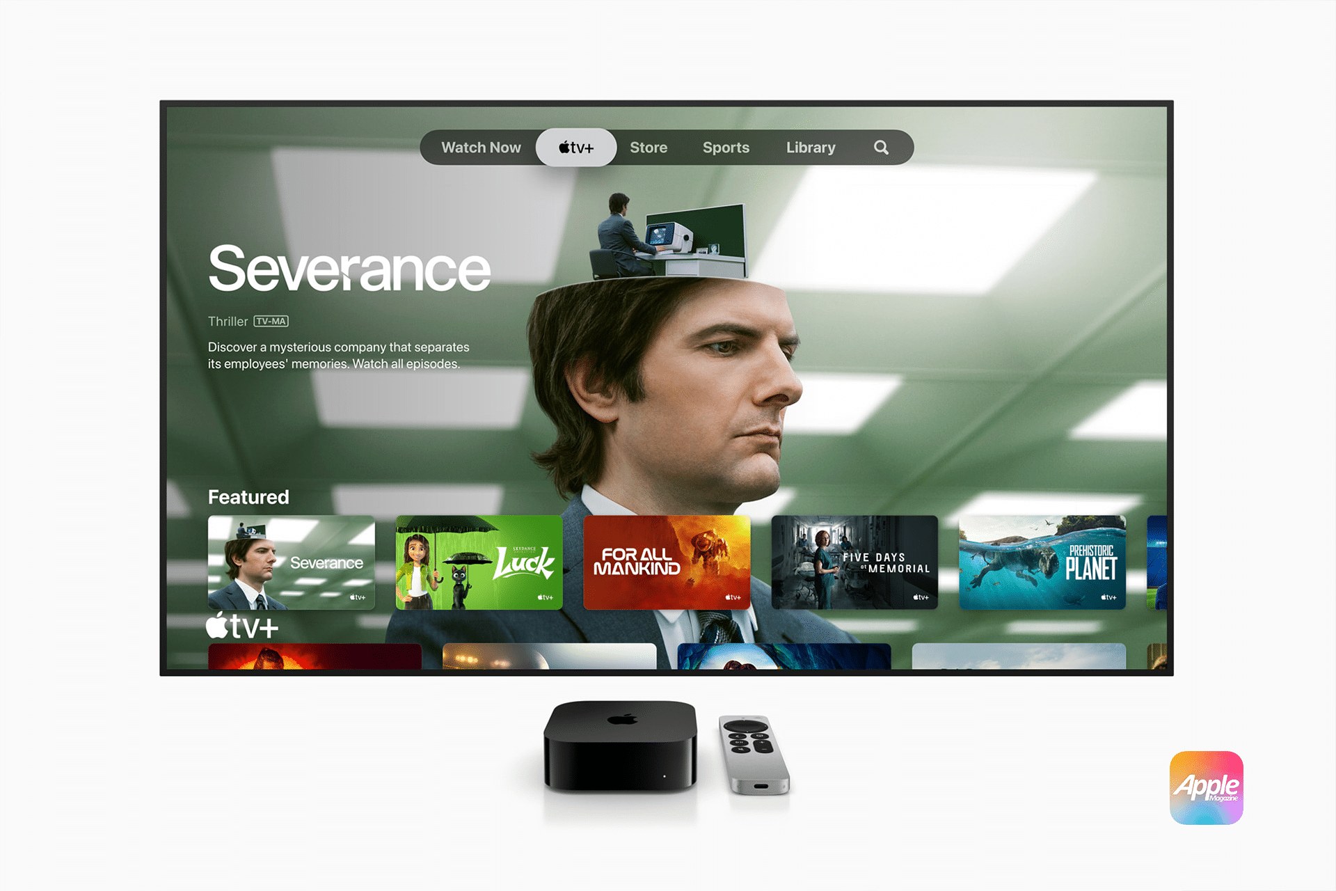 Apple TV 应用界面与 Apple TV 硬件展示