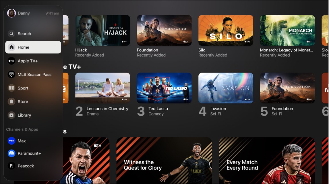 Apple TV+ 首页界面截图,原创剧集内容库