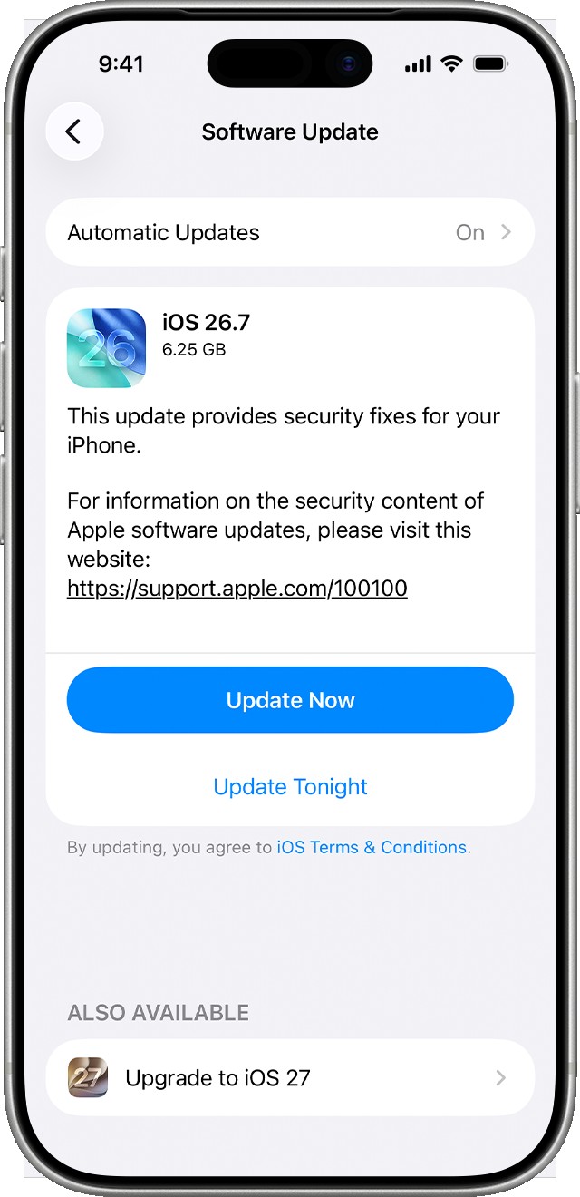 调整前的 iPhone 软件更新页面:iOS 26.7 置顶